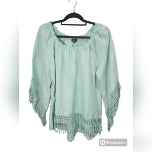 Melissa Paige Bohemian Blouse Linen  Green 3/4 Flare Bell Sleeve Pullover Sz. L